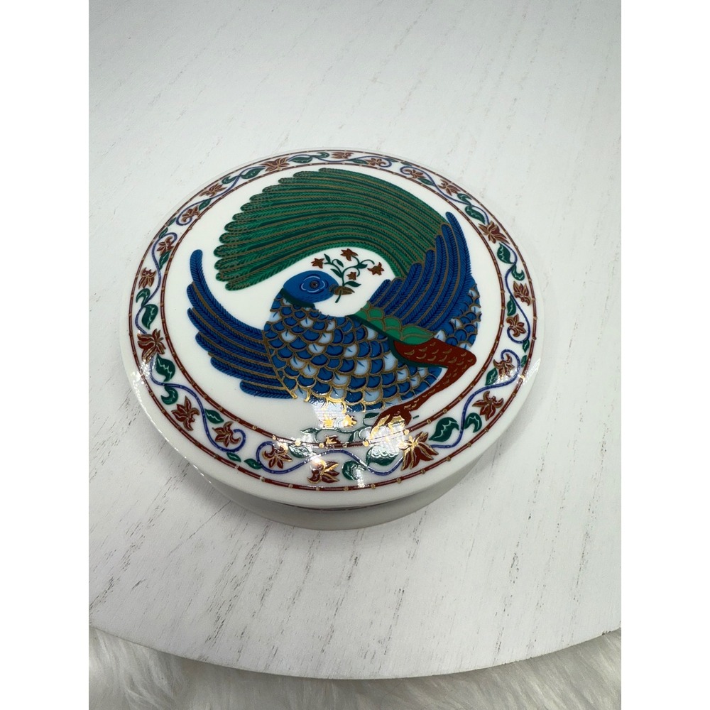 Byzantium Elizabeth Arden Trinket Box Ceramic Round Peacock Bird l Made in Japan
